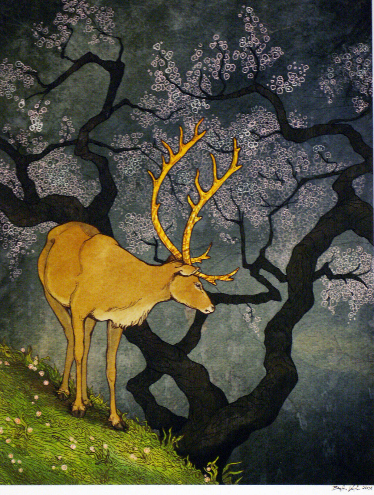Digital painting of a mythical golden creature that looks like a deer with large antlers. Creature stands on a patch of green grass near a dark tree and night sky.